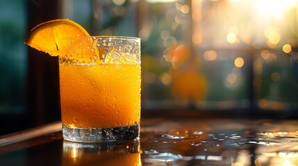 A frosty glass of orange juice, dewkissed and backlit by morning sunlight, refreshing and vibrant