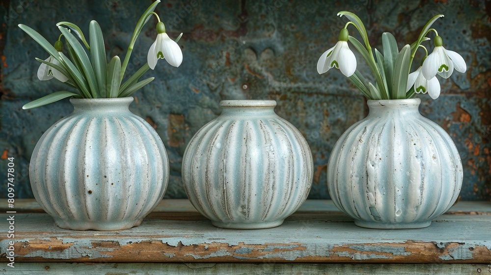 Poster   Three white vases with blooming flowers rest on the windowsill, framed by a blue-painted wall