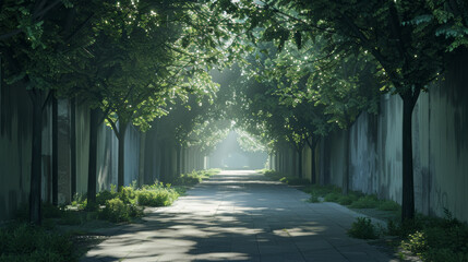 Trees form a natural cathedral in a serene, sun-dappled alley.