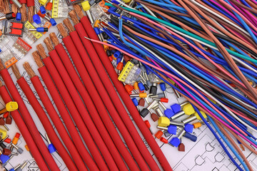 Copper electrical installation wires in colored insulation. Close-up.