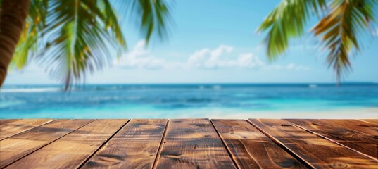 Wooden Table with Blurred Beach Backdrop