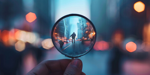 Man looking through a magnifying glass on a city street at night