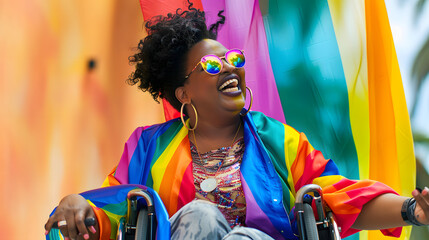 Happy african american plus size disabled lesbian woman in wheelchair wearing rainbow fashion pride flag. Candid smiling female with mobility aid disability celebrating differences