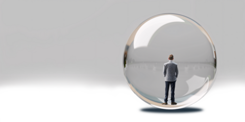 Businessman looking through a magnifying glass. Selective focus. transparency background