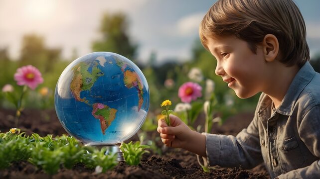 Little boy looking clean glass Globe, Smiling, eco friendly Environment, save planet, Green Earth