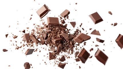 Pile chopped, milled chocolate pieces isolated on white, top view, png transparent background
