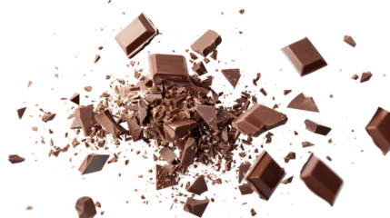 Pile chopped, milled chocolate pieces isolated on white, top view, png transparent background