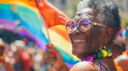 Happy black senior gay lesbian woman celebrating pride festival parade with a rainbow flag on a sunny summer day. Candid gay pride celebrations with inclusive and diverse homosexual mature people. - Powered by Adobe