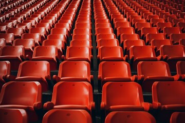 Fototapeta premium Rows of vibrant red seats span the frame in a deserted stadium, showcasing symmetry and repetition