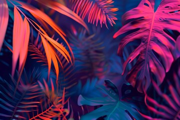 Neon jungle: Vivid tropical leaves in the background rozmte leaves and dark background