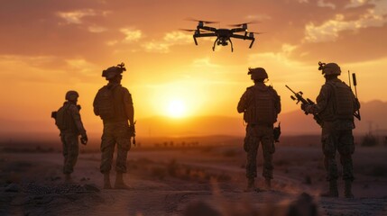 Fototapeta na wymiar A group of soldiers stand in a desert at sunset, with a drone flying overhead
