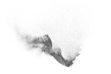 Black texture isolated on white background. Dark particles explosion. Abstract overlay textured.	