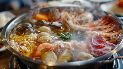 Steamy Delights: Close-Up View of a Flavorful Hot Pot Filled with Broth