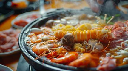 Hot Pot Cuisine: Close-Up of Bubbling Broth and Assorted Ingredients in Traditional Asian Dish