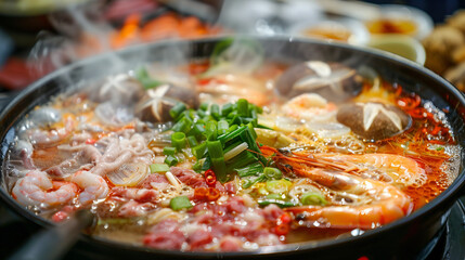 Sensory Feast: Close-Up Shot Capturing the Aroma and Texture of a Steaming Hot Pot