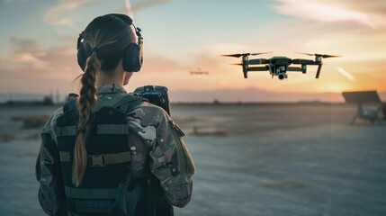 A woman in a military uniform is watching a drone fly in the sky