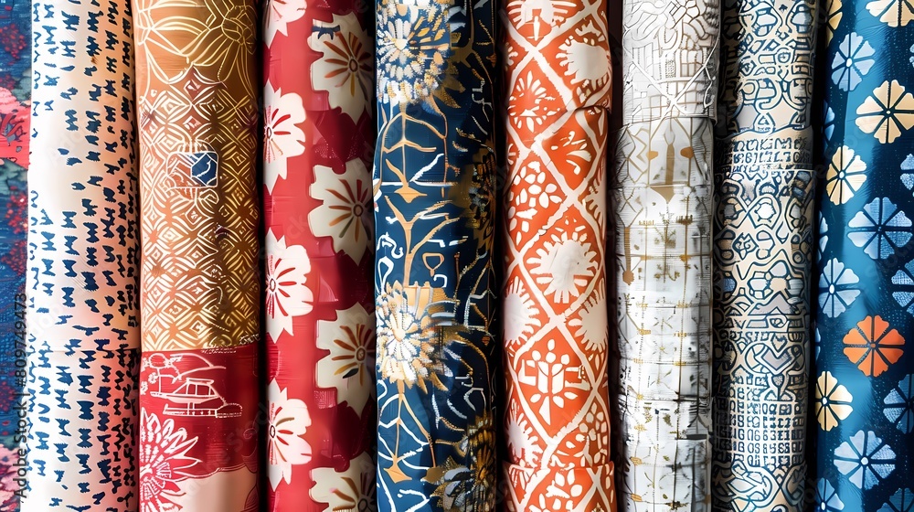 Wall mural a colorful array of patterned fabric rolls