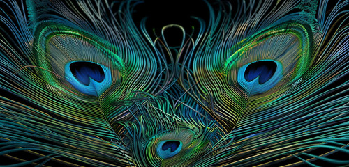 Fototapeta premium Fine lines in blues and greens form an elaborate peacock feather pattern.