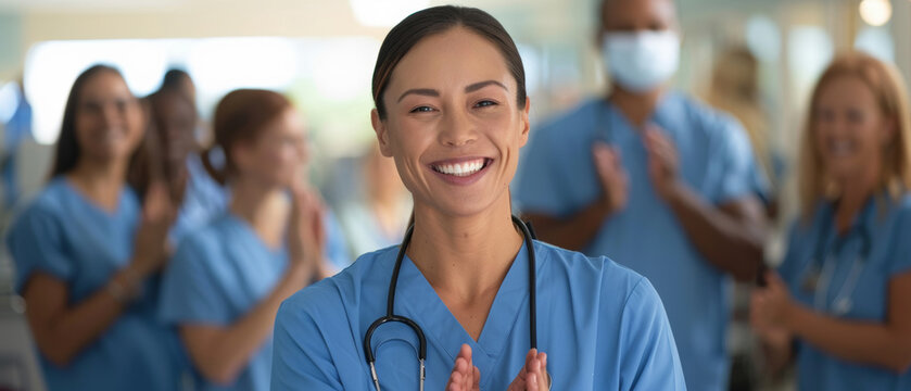 Confident female healthcare professional applauded by colleagues, embodying dedication and success.