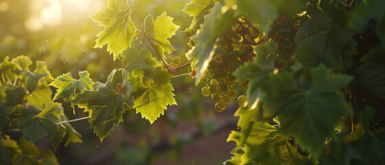 Sunlight dances through a verdant vineyard, highlighting lush grape clusters.