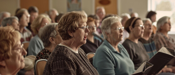 Choir members sing passionately from hymnals in a community gathering.