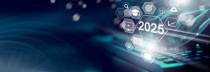  2025 E-learning, education, online exam concept.Choose correct answer. Education internet online digital technology concept. New Year education 2025 background.