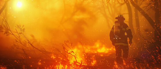 A firefighter walks through a blazing forest, combating a fierce wildfire.
