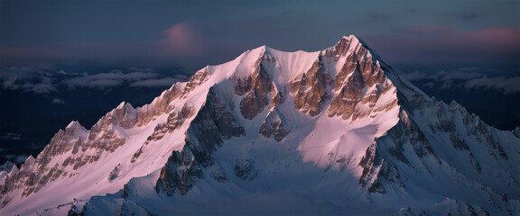 close up view of snow-covered rocky mountain peak. after sunset the lower parts of the mountain are dark and the peak is light

