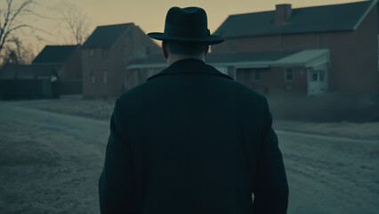 man in a hat and coat walking down a dirt road, cinematic color grade - Powered by Adobe