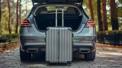 Packed suitcase next to the boot of the car. To pack for a journey. Moving