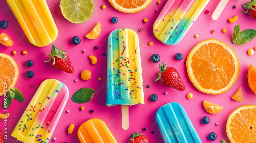 Poster pop art popsicle patterns, vibrant pop art summer background featuring bold popsicle patterns in viv