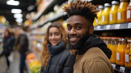 Obraz premium A man and a woman standing side by side in a grocery store aisle