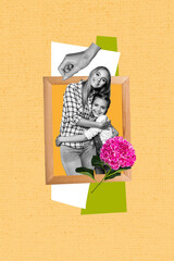 Vertical photo collage of happy mom daughter hug together frame picture memory hydrangea flower holiday isolated on painted background