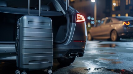 Packed suitcase next to the boot of the car. To pack for a journey. Moving