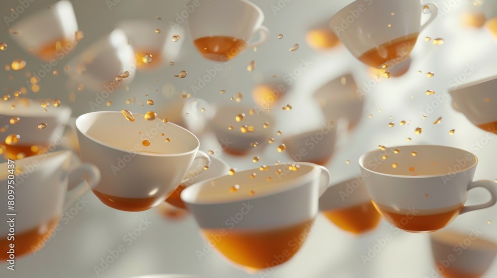 Poster dynamic arrangement of levitating tea cups in an overlapping pattern