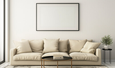 3d rendering, A simple living room with white walls, a sofa and table, and an empty frame on the wall above it