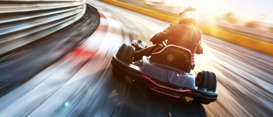 Speeding go-kart racer in motion, focus on the intensity of the active race.