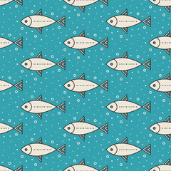 Fishes and bubbles vector seamless pattern. Black and white stylized doodle drawings on blue background.