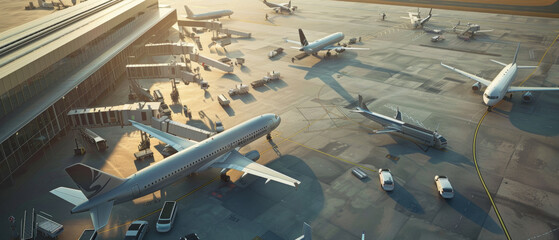 Bustling airport tarmac at dawn with planes preparing for the day's travels.