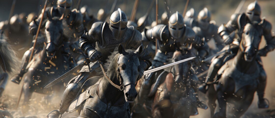 An epic scene of medieval knights charging into battle, showcasing their bravery and the fierce intensity of combat.