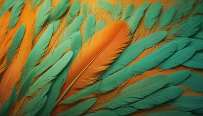 Beautiful green turquoise color trends feather texture background with orange light