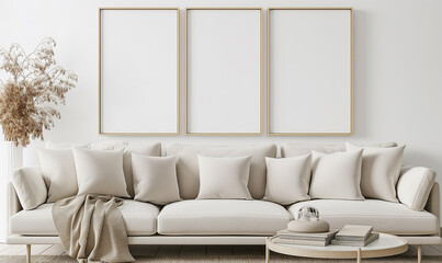 3d rendering, A simple living room with white walls, a sofa and table, and an empty frame on the wall above it