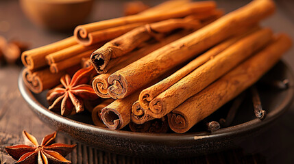   Cinnamon sticks and star anise on a plate, with 'dhan' written in the center