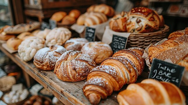   A diverse selection of breads and pastries are showcased in a bakery display window, surrounded by an array of similar items