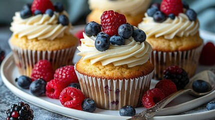   A white plate, adorned with cupcakes smothered in frosting, and crowned with raspberries and blueberries - Powered by Adobe