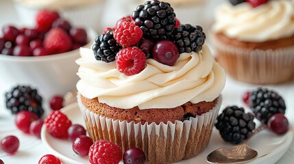   A white plate with a cupcake covered in frosting and topped with raspberries and blackberries