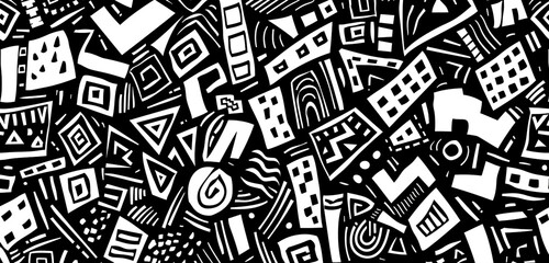 Endless geometric shapes in a monochrome doodle style pattern.