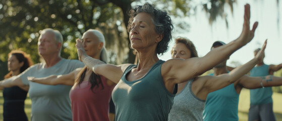 Group of diverse individuals practice yoga outdoors, finding tranquility in a group setting.