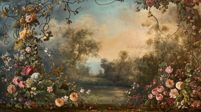 Baroque Botanical Fresco Backdrop with Romantic Florals and Cherubs Background