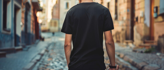 Man in black t-shirt strolling through an urban alleyway.